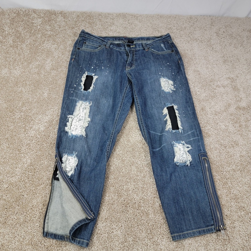 Bisou Bisou‎ Distressed Denim Capri Jeans with Zippers Size 8